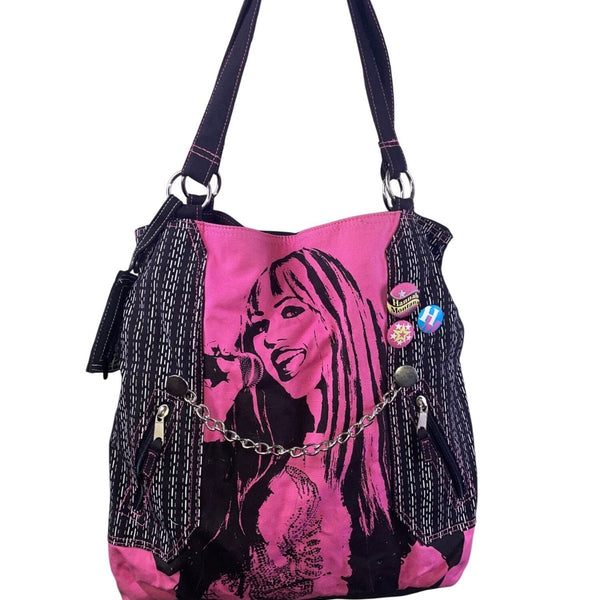 Disney Hannah Montana Pink & Black Tote Bag With Chain Detail & Buttons Graphic
