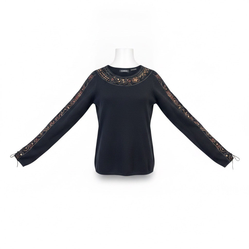 Cabo Womens Black Beaded Embroidered Long Sleeve Top Pull Tie Size S