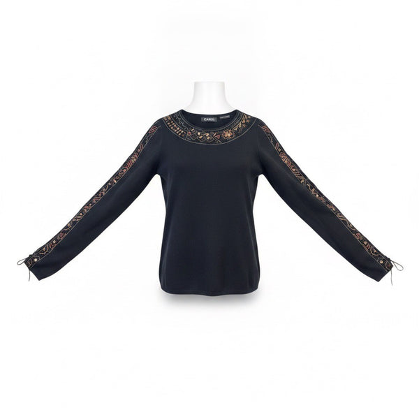 Cabo Womens Black Beaded Embroidered Long Sleeve Top Pull Tie Size S