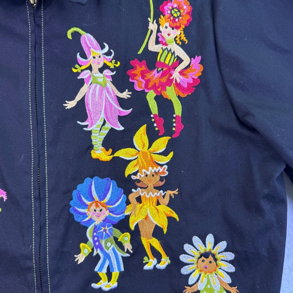 Bob Mackie Womens Black Floral Embroidered Jacket "Parade Of The Flowers"  Sz L