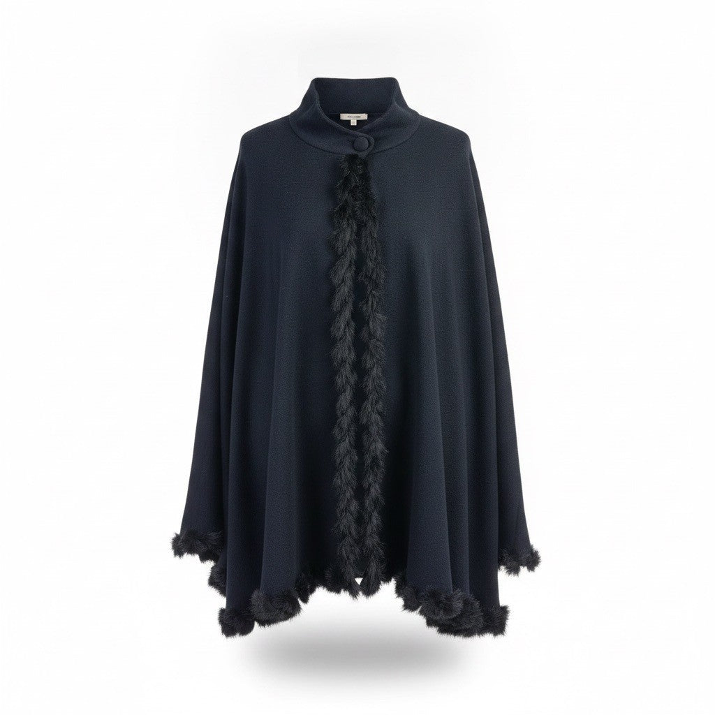 Jones New York Womens Black Wool Blend Faux Fur Trim Poncho Cape One Size
