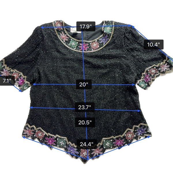 Lawrence Kazar Womens Black Beaded Silk  Jacket & Top Floral Embellished Sz 2X