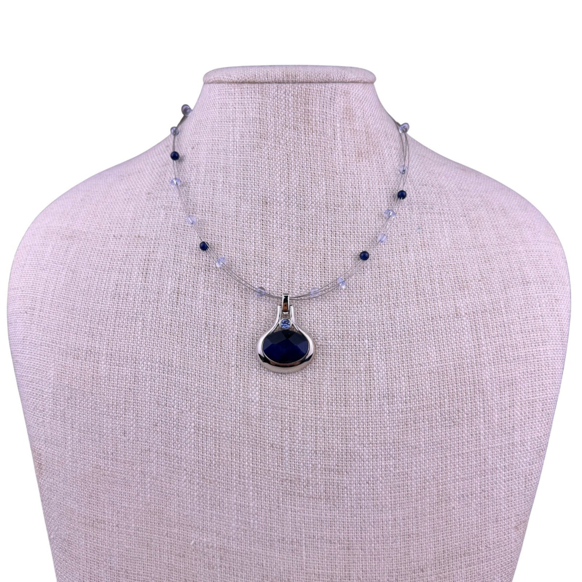 Lia Sophia Women Silver Tone Necklace W/ Blue Pendant Adjustable Length Jewelry