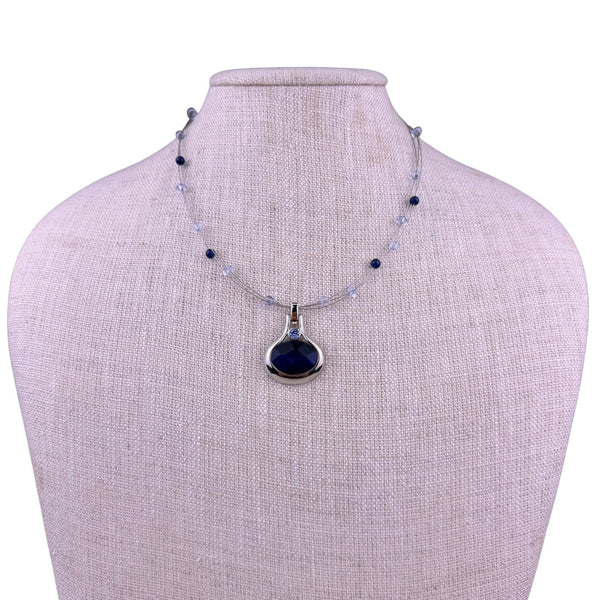 Lia Sophia Women Silver Tone Necklace W/ Blue Pendant Adjustable Length Jewelry