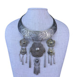 Vintage Engraved Metal Ceremonial Necklace Floral Droplets Silver Tone Handmade