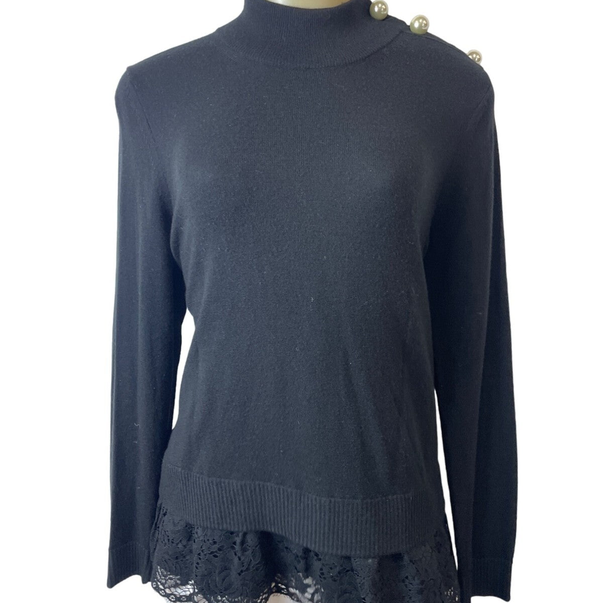 Kate Spade Broome Street Black Sweater With Lace Hem & Pearl Button Accents Sz M