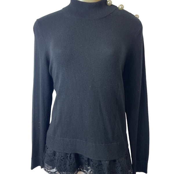 Kate Spade Broome Street Black Sweater With Lace Hem & Pearl Button Accents Sz M
