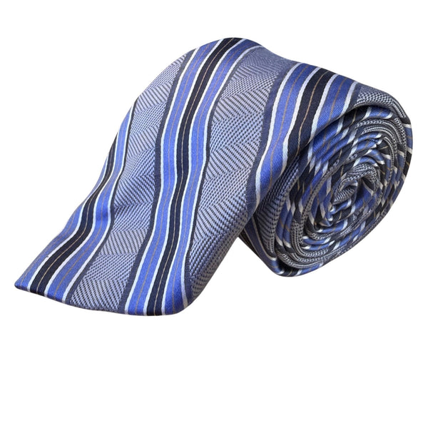 Ike Behar Mens Blue & Gray Striped Pattern Tie 57 Inches Long Classic Design