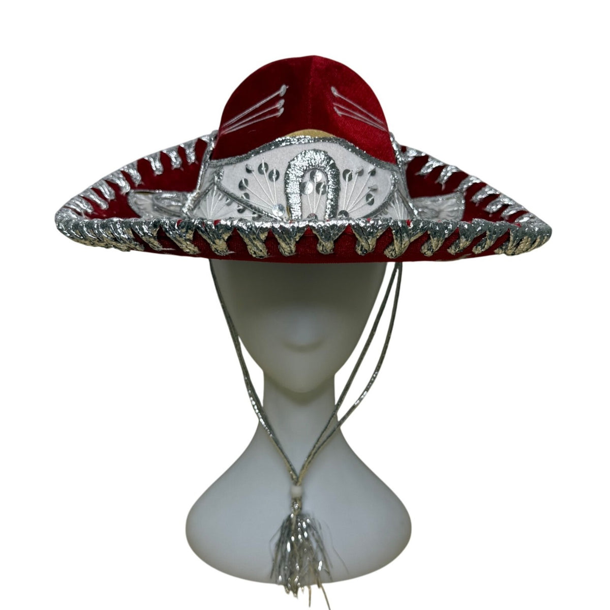 Pigalle Red & Silver Adult Mexican Sombrero Hat Velour Embroidered Traditional F