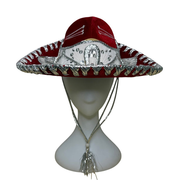 Pigalle Red & Silver Adult Mexican Sombrero Hat Velour Embroidered Traditional F