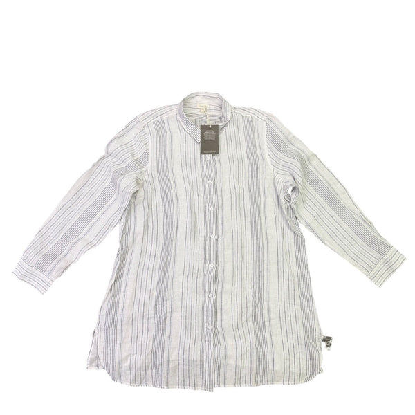 Garnet Hill Womens White/Blue Linen Striped Long Sleeve Shirt Button Front Sz XL