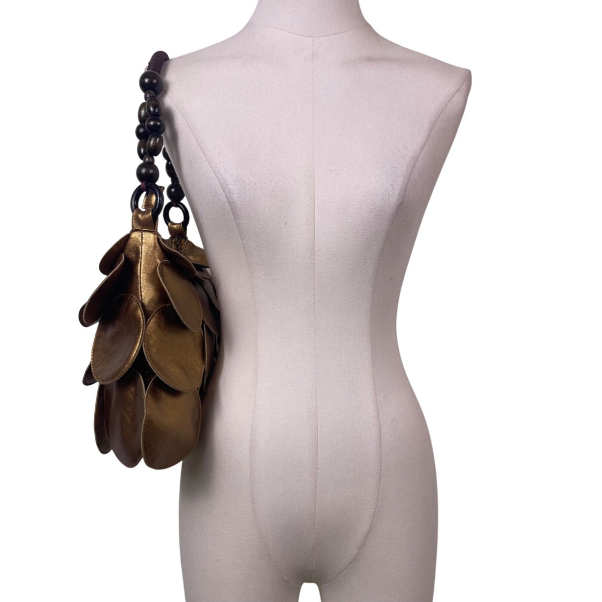 Gold Women’s Faux Leather Scaled Circle Design Black Beaded Handle Shoulder Bag