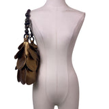 Gold Women’s Faux Leather Scaled Circle Design Black Beaded Handle Shoulder Bag