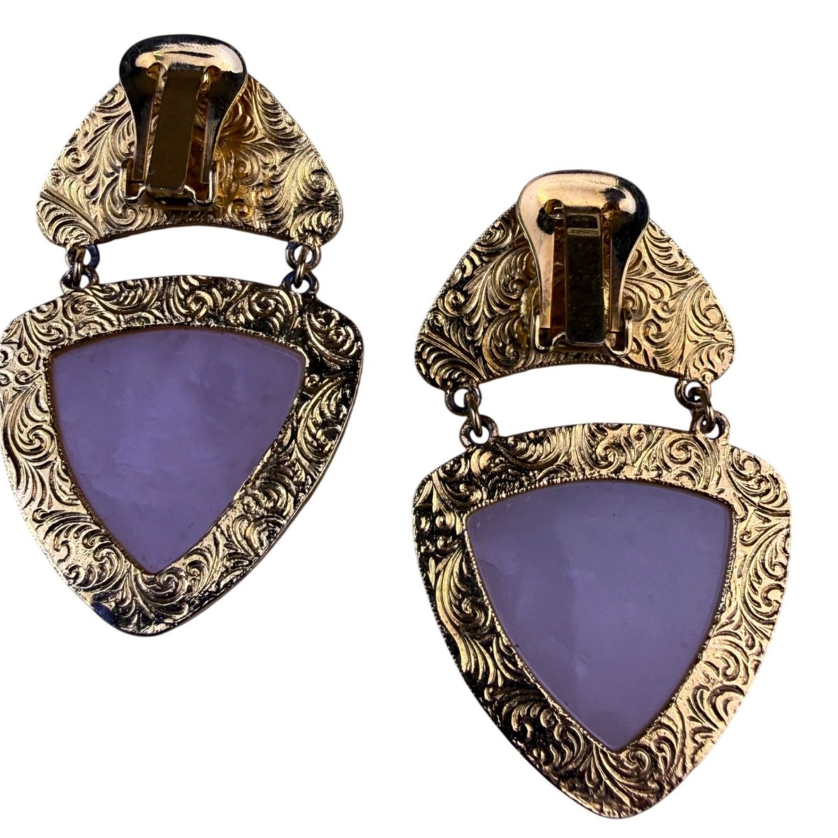 Vintage Womens Gold Tone Pink Stone Geometric Dangle Earrings