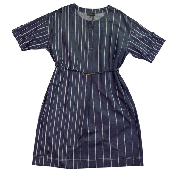 Donna Karan Womens Navy Cotton-Blend Stripe Belted Dress Size L