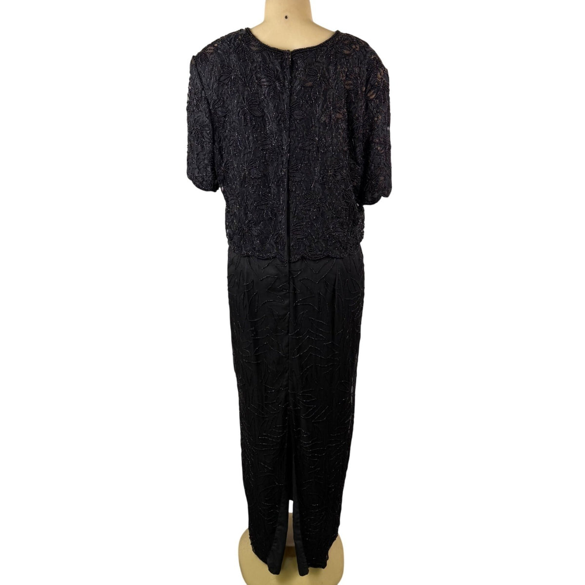 Sténay Womens Black Silk Beaded Evening Gown With Sheer Jacket  Elegant Size 20