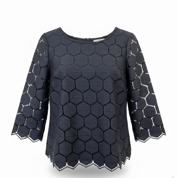 RSVP By Talbots Womens Black Honeycomb Lace 3/4 Sleeve Blouse Size P