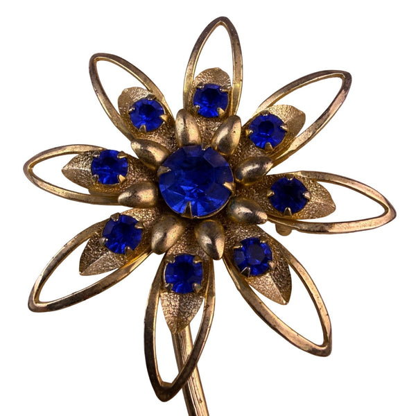 Large Gold Tone Blue Rhinestone Flower Brooch Pin Vintage Pressed Metal Design