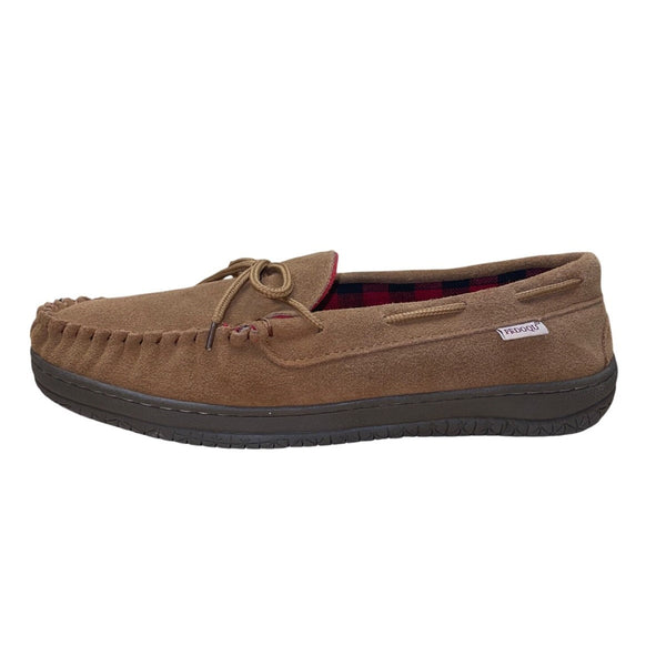 Pedoqu Men’s Brown Suede Red Plaid Flannel Lining Moccasin Slippers Size 9US