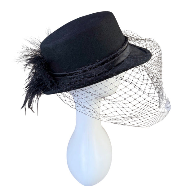 Arlin Georgi Womens Black Wool Feather Veil Hat Elegant Vintage Formal