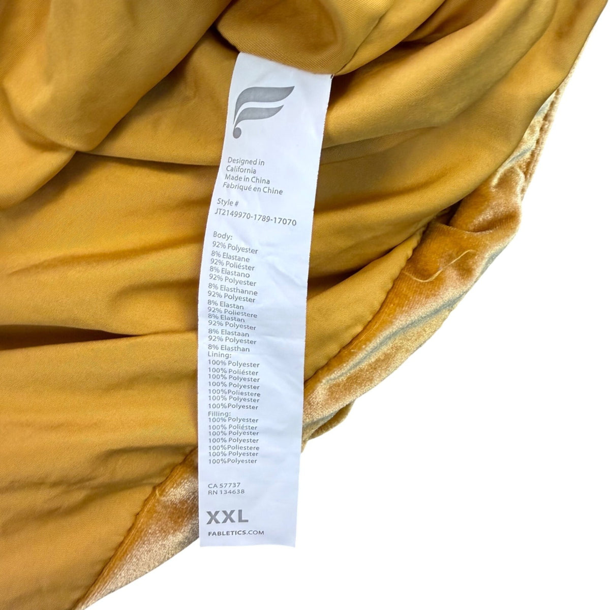 Fabletics Women Gold Velvet Puffer Jacket Zip-Up Winter Outerwear Size XXL