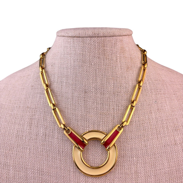 Monet Womens Gold Tone Red Enamel Link Necklace Chain Vintage Jewelry