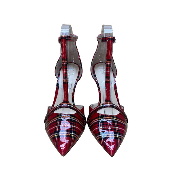 Jessica Simpson Women’s Red Faux Patent T-Strap Plaid Pointed Toe Heels Size 6M