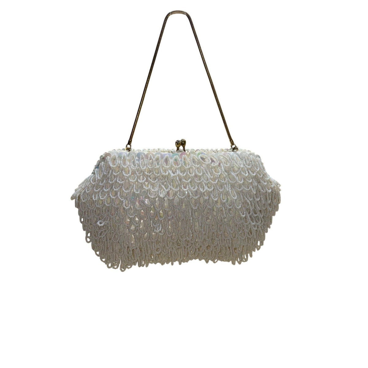 Vintage ADG Women’s White Fringe Beaded Satin Metallic Strap Clutch Bag