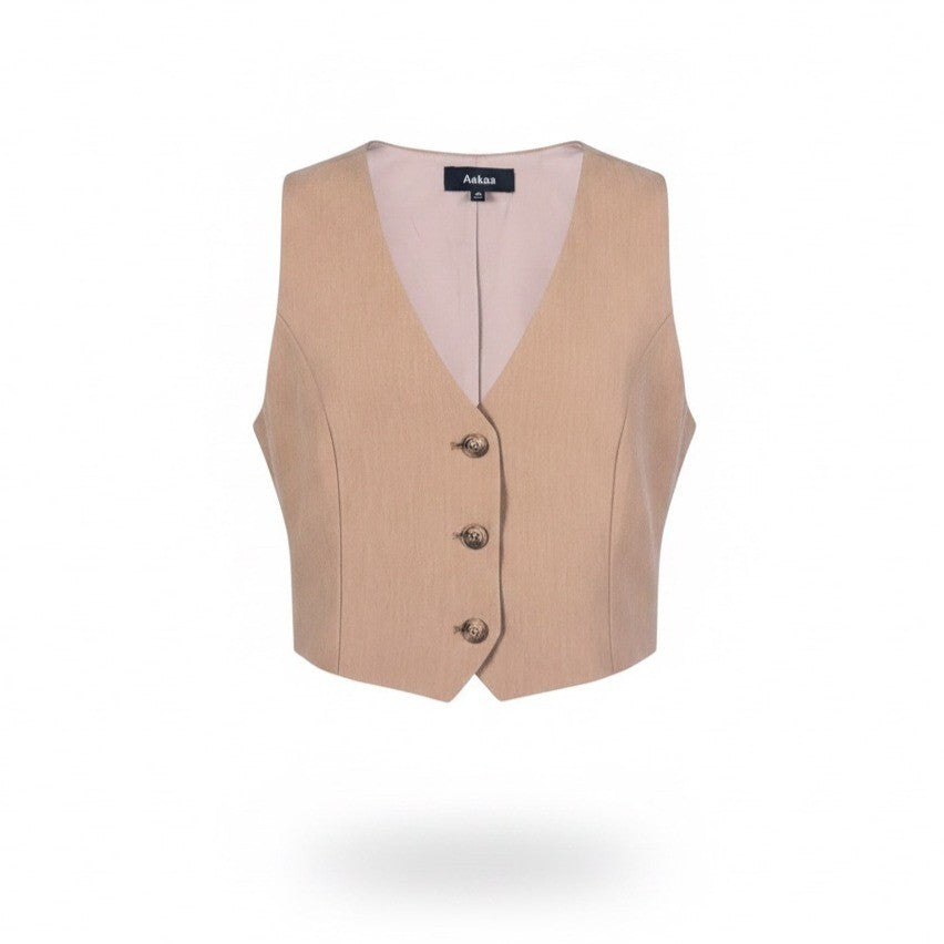 Aakaa Womens Beige Polyester-Rayon Buttoned Vest Stylish & Lightweight Sz M