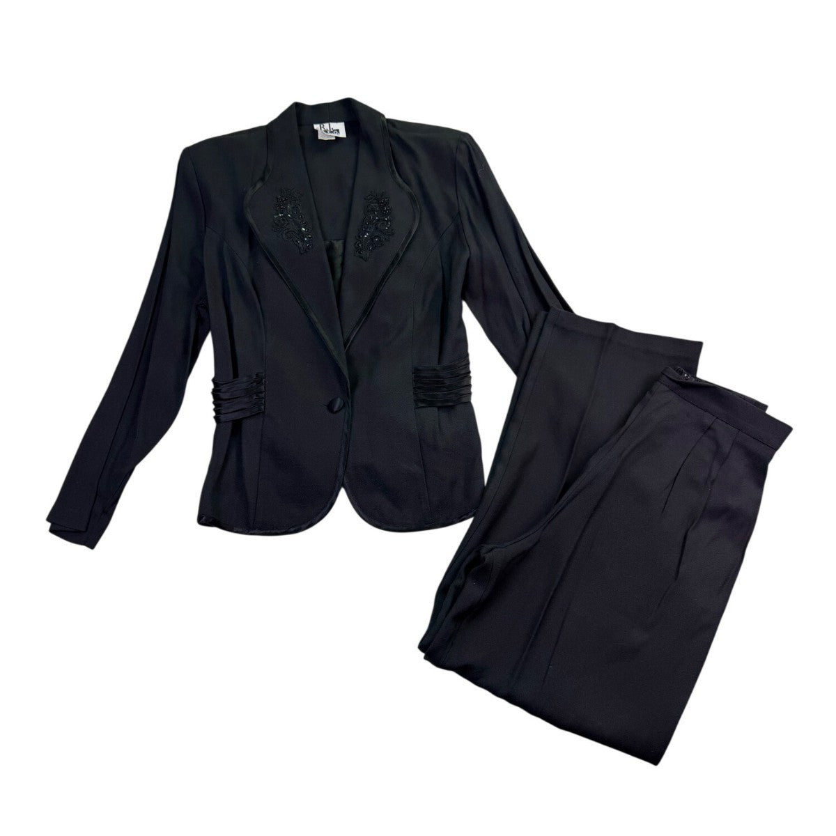 R.J. & Co Petite Womens Black Beaded Blazer & Pants 2-Piece Sz 14P Top12P Pants