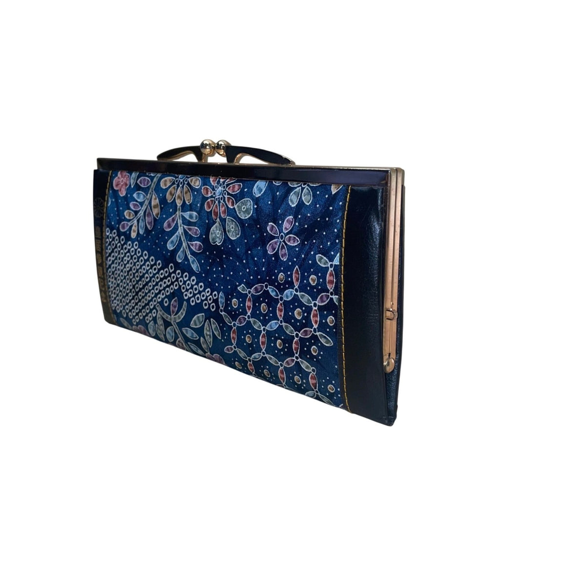 Japanese Women’s Blue Fabric & Metal Floral Pattern Clasp Wallet