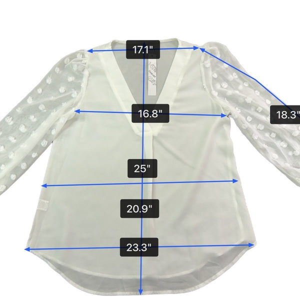 Gaovot Women’s White V-Neck Blouse Textured Long Sleeve Dot Details Size M - New
