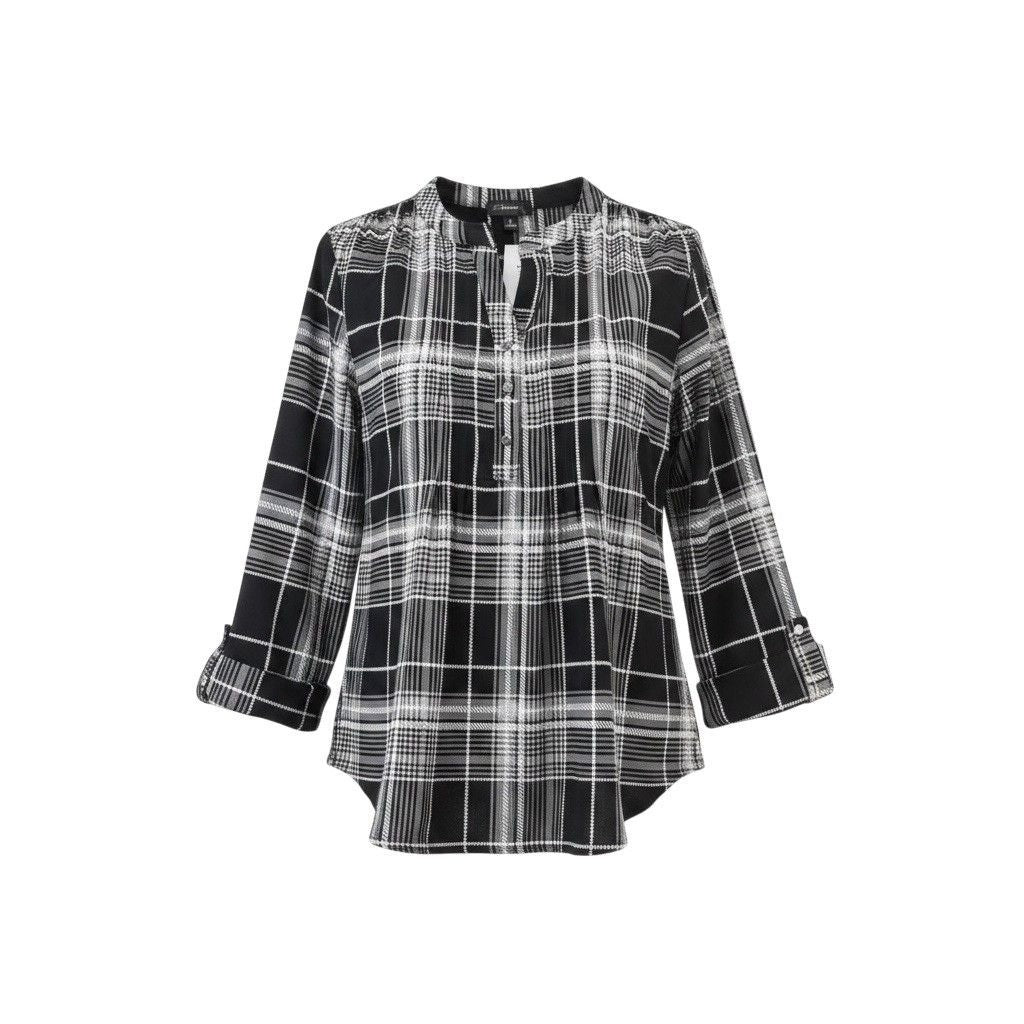 Cocomo Womens Black & White Plaid Long Sleeve Blouse Polyester Blend Size L