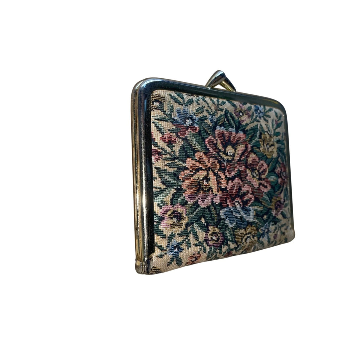 Vintage Womens Floral Tapestry Gold Metal Frame Triple Magnification Dual Mirror