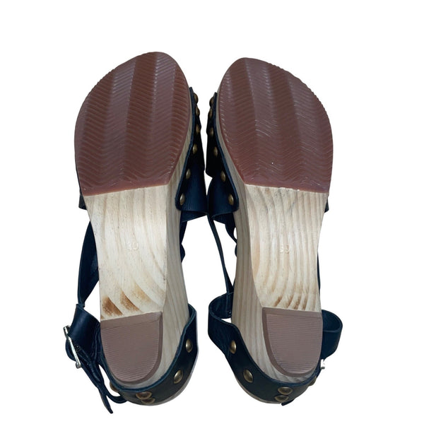 Jax & Bard Women’s Black Leather Studded Style Wooden Base Sandals Size 8.5-9 US