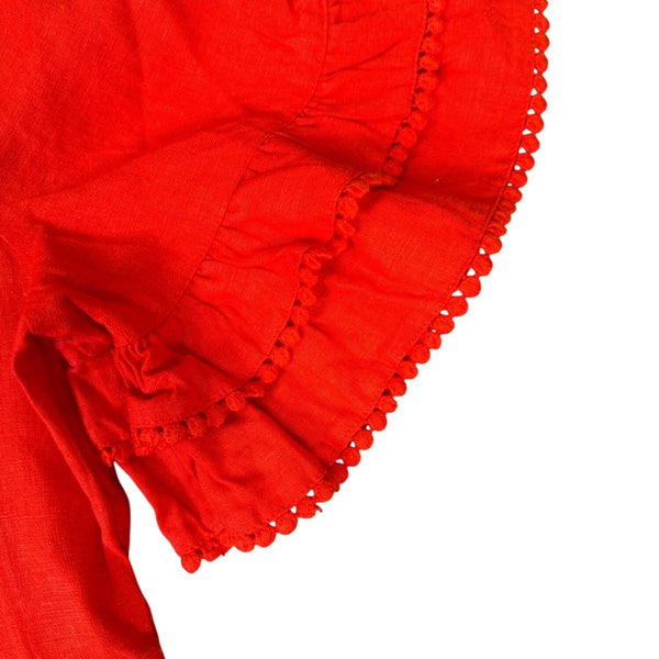 Chicos Womens Red Linen Maxi Dress Tiered Design Flutter Sleeves Size 2 (L - 12)