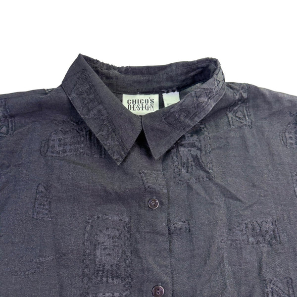 Chicos Womens Black  Button-Down Shirt 3/4 Sleeve Textured Size 2