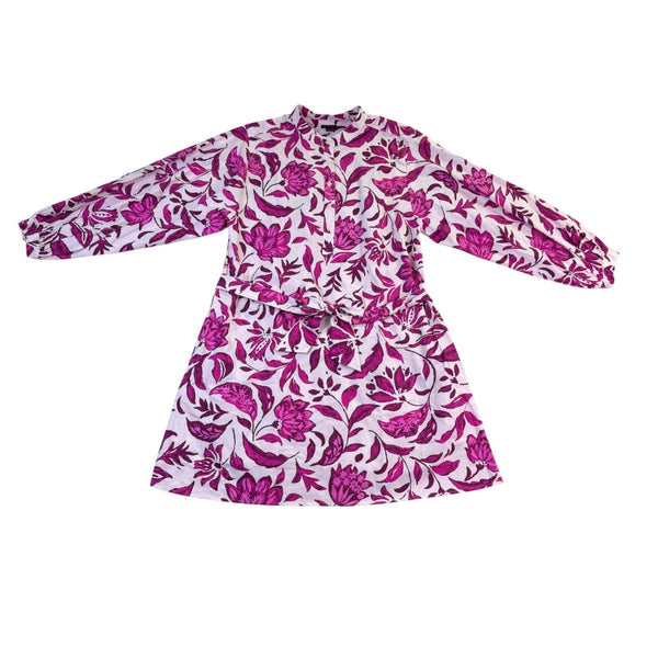 Ann Taylor Womens White & Pink Cotton Floral Print Belted Long-Sleeve Dress Size