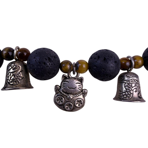 Statement Necklace Womens Black Lava Beads Silver-Tone Cat Charms Long Tassel