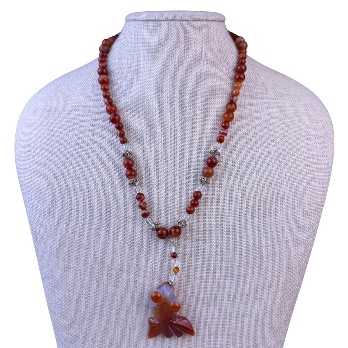 Natural Stone Womens Red Bead Necklace With Fish Pendant Handmade Design