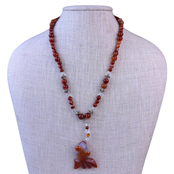 Natural Stone Womens Red Bead Necklace With Fish Pendant Handmade Design