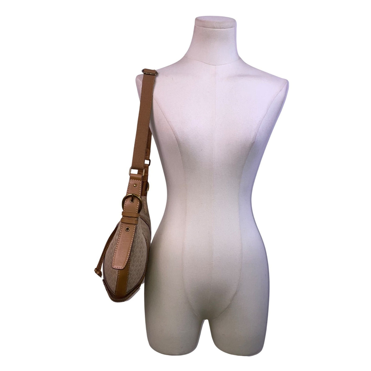 Fossil Women’s Beige Logo Pattern & Brown Leather Trim Adjustable Strap Hobo Bag