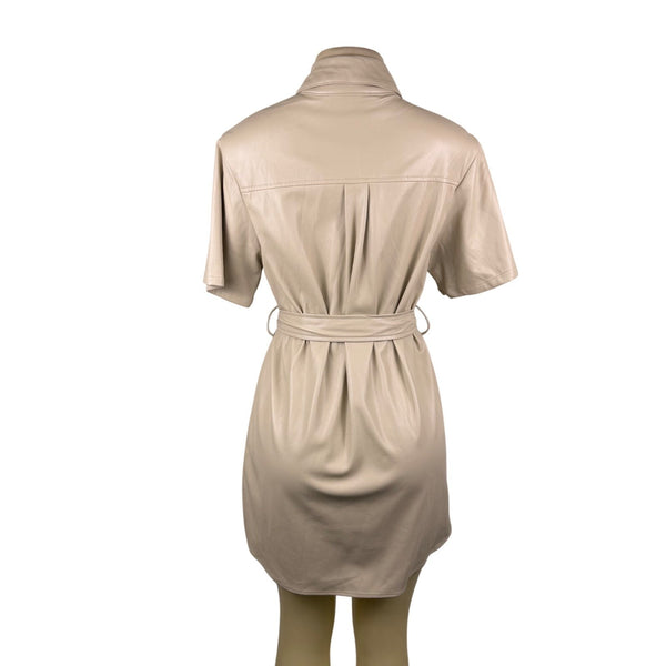 House Of Harlow 1960 Beige Faux Leather Short Sleeve Button-Down Mini Dress Sz S