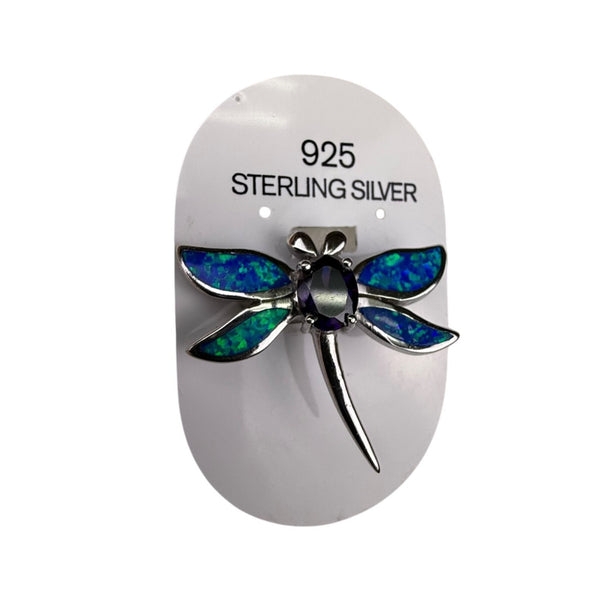 Sterling Silver Dragonfly Pin Brooch With Inlaid Blue Green Opal & Purple Stone