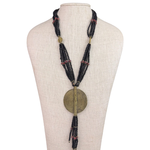 Vintage Multistrand Black & Gold Beaded Necklace With Round Pendant