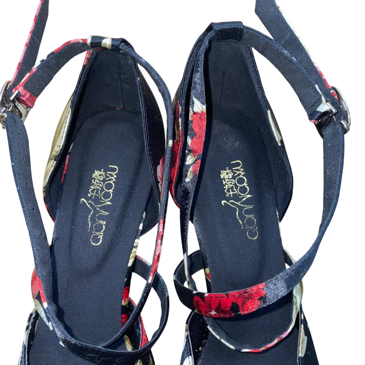 QianYiCowu Women’s Black & Red Floral Satin Peep-Toe Latin Salsa Heels Size 41