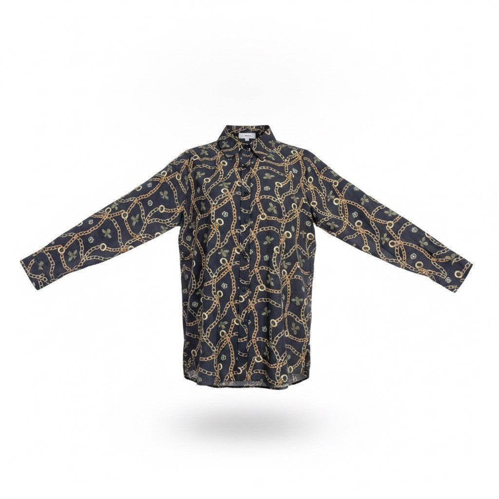 D2 Womens Black Gold Chain Bee Pattern Button-Up Blouse Long Sleeves Size M