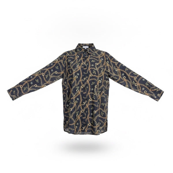D2 Womens Black Gold Chain Bee Pattern Button-Up Blouse Long Sleeves Size M