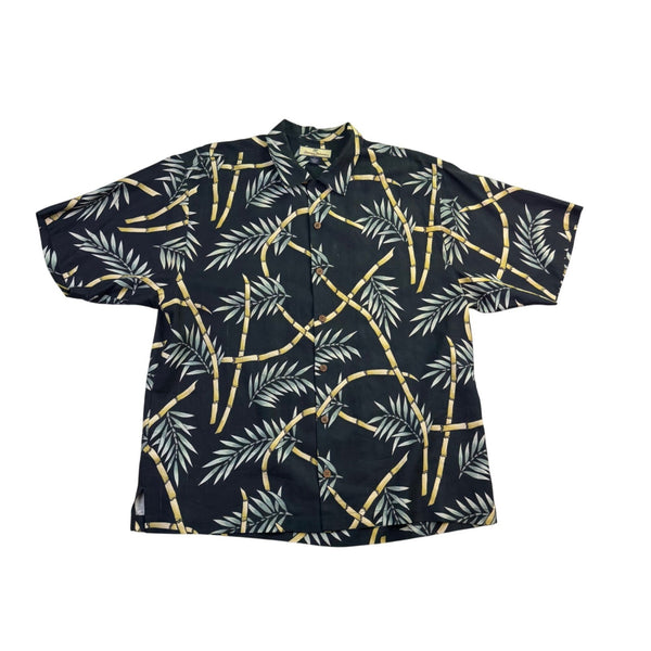 Tommy Bahama Mens Black Bamboo Print Silk Hawaiian Shirt Casual Resortwear Sz L
