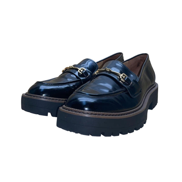 Sam Edelman Women’s Black Faux Patent Leather Horsebit Accent Lug Loafers Sz 8M